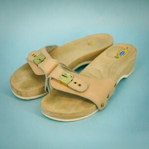 Dr. Scholl's Size 9 Classic Bone Tan Leather Buckle Wood Sole Exercise Sandals